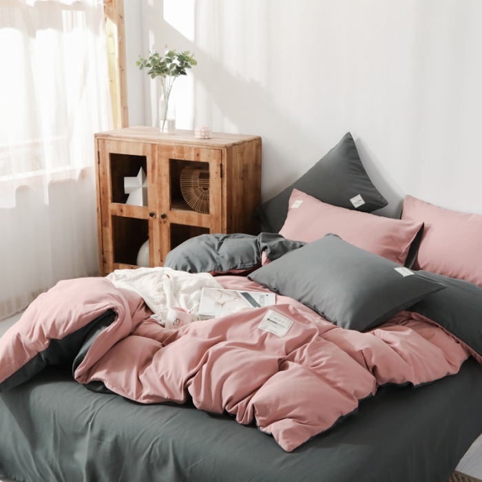 91家纺网 家纺一手货源 找家纺 米粒 2020新款纯色磨毛四件套 藕粉+深灰