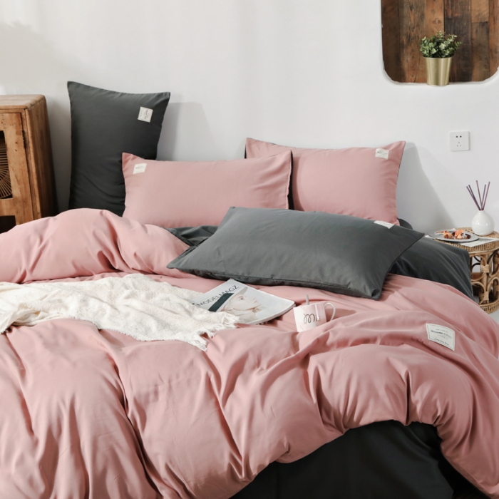 91家纺网 家纺一手货源 找家纺 米粒 2020新款纯色磨毛四件套 藕粉+深灰