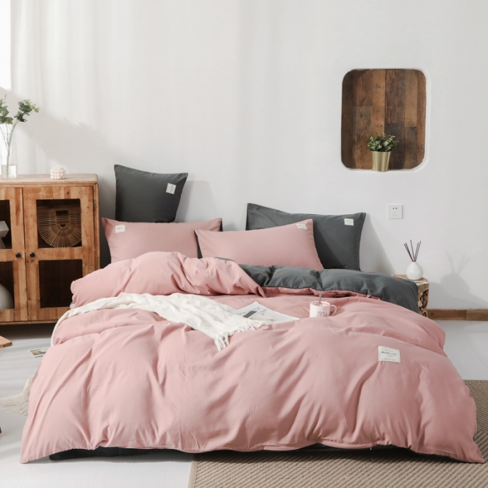 91家纺网 家纺一手货源 找家纺 米粒 2020新款纯色磨毛四件套 藕粉+深灰