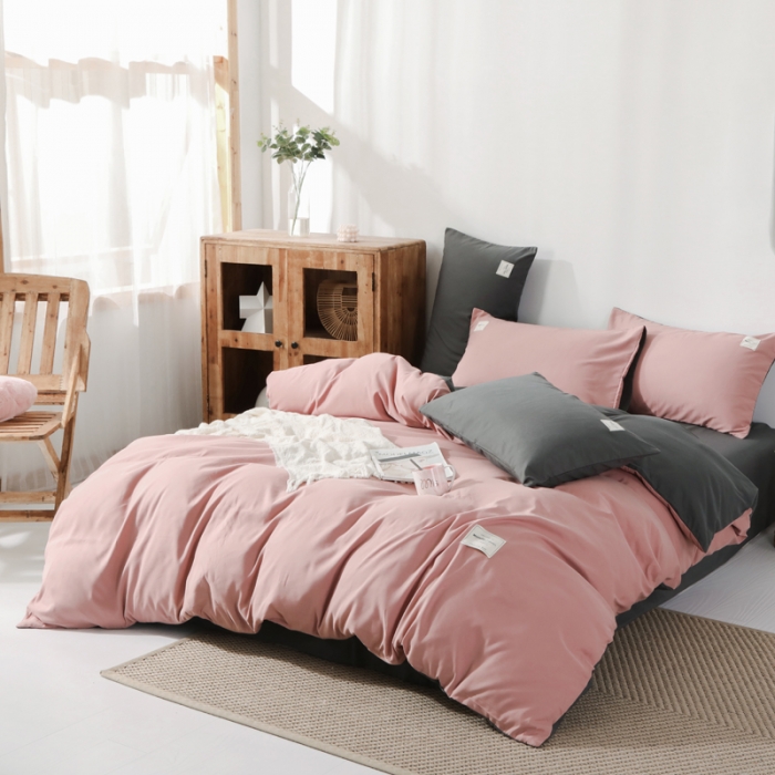 91家纺网 家纺一手货源 找家纺 米粒 2020新款纯色磨毛四件套 藕粉+深灰