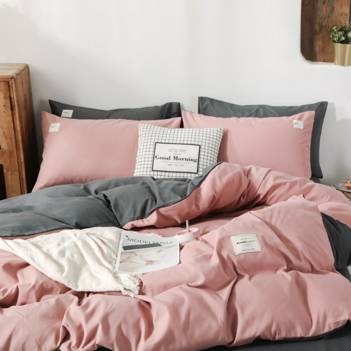 91家纺网 家纺一手货源 找家纺 米粒 2020新款纯色磨毛四件套 藕粉+深灰