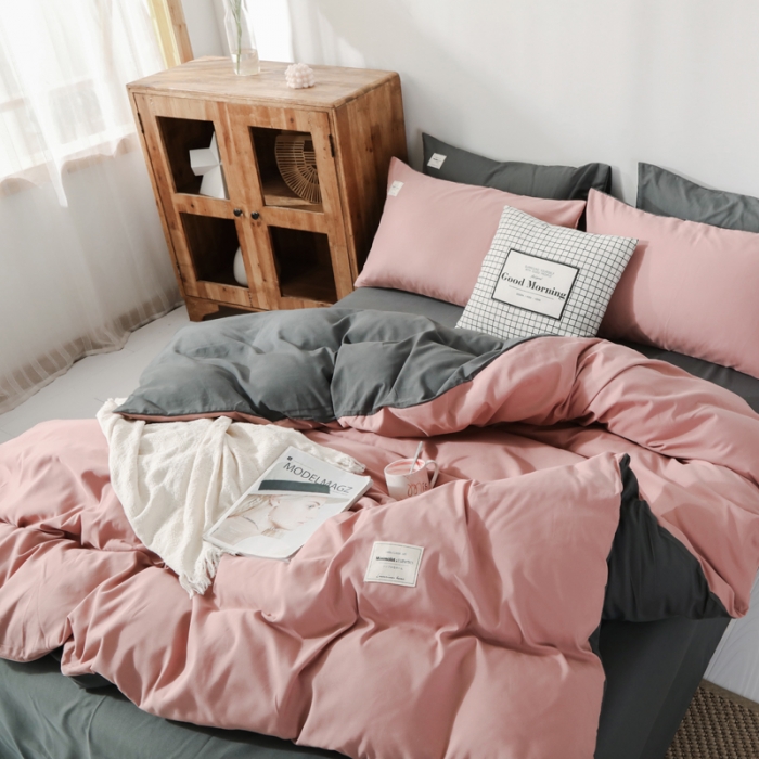 91家纺网 家纺一手货源 找家纺 米粒 2020新款纯色磨毛四件套 藕粉+深灰