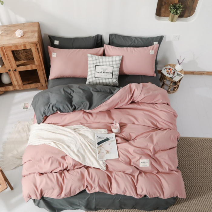 91家纺网 家纺一手货源 找家纺 米粒 2020新款纯色磨毛四件套 藕粉+深灰