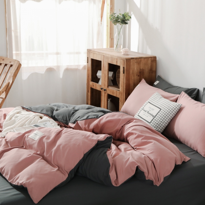 91家纺网 家纺一手货源 找家纺 米粒 2020新款纯色磨毛四件套 藕粉+深灰