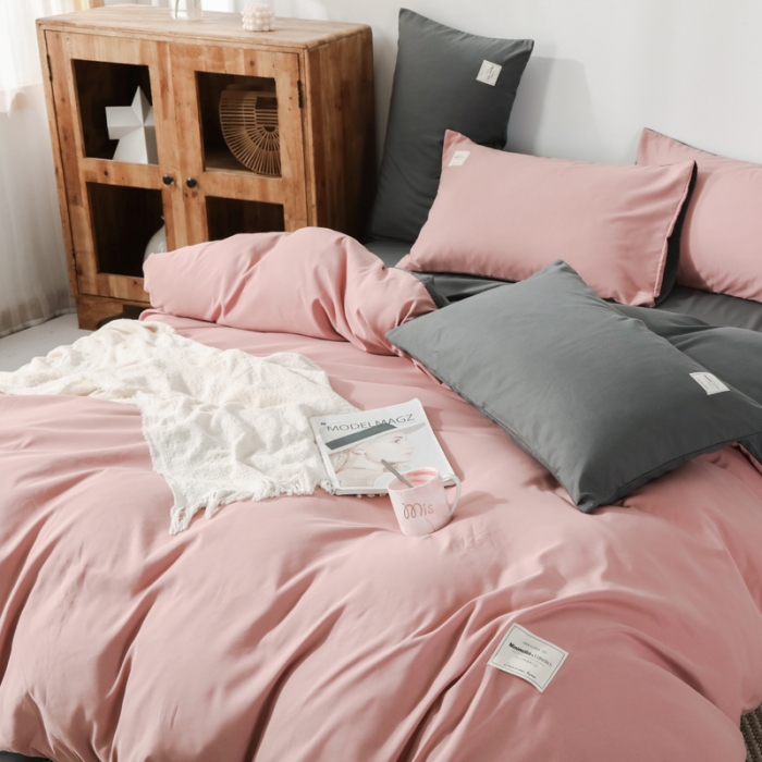 91家纺网 家纺一手货源 找家纺 米粒 2020新款纯色磨毛四件套 藕粉+深灰