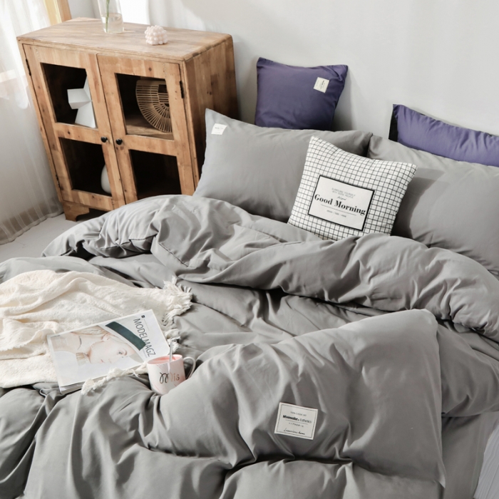 91家纺网 家纺一手货源 找家纺 米粒 2020新款纯色磨毛四件套 浅灰