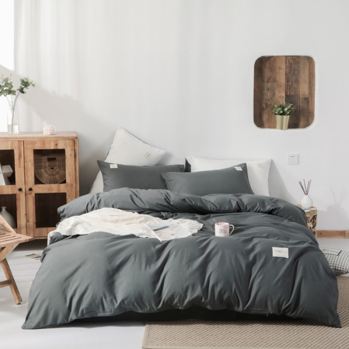 91家纺网 家纺一手货源 找家纺 米粒 2020新款纯色磨毛四件套 深灰