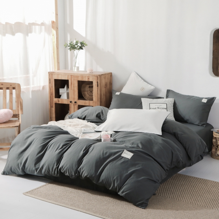 91家纺网 家纺一手货源 找家纺 米粒 2020新款纯色磨毛四件套 深灰