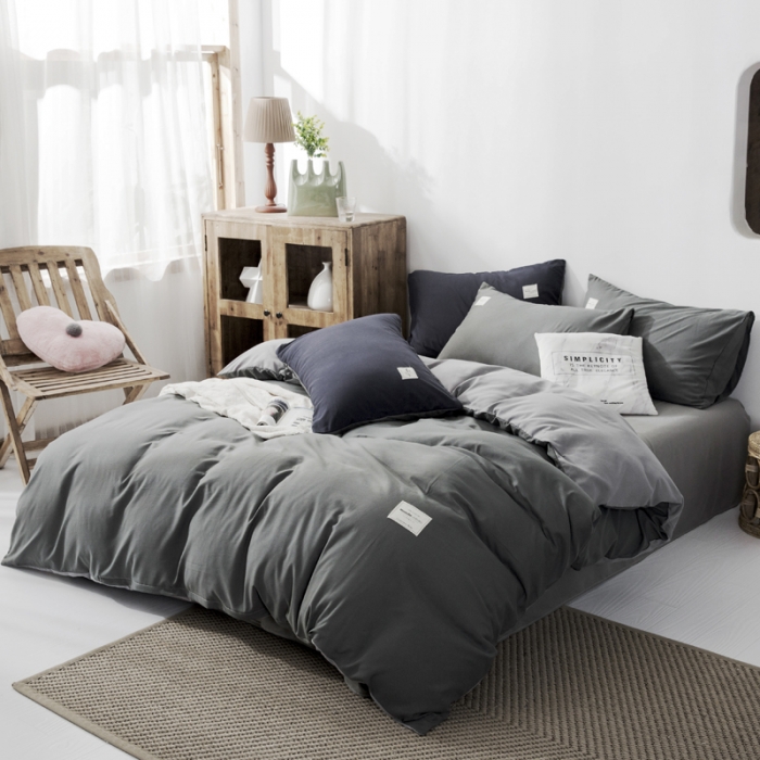 91家纺网 家纺一手货源 找家纺 米粒 2020新款纯色磨毛四件套 深灰+浅灰