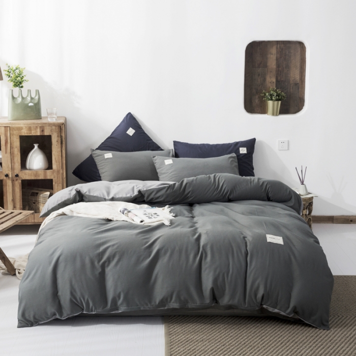 91家纺网 家纺一手货源 找家纺 米粒 2020新款纯色磨毛四件套 深灰+浅灰