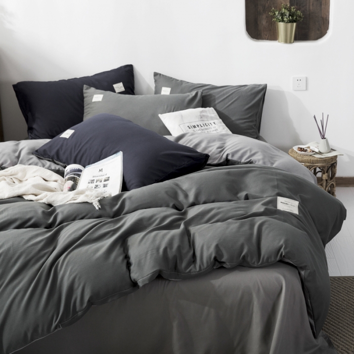 91家纺网 家纺一手货源 找家纺 米粒 2020新款纯色磨毛四件套 深灰+浅灰