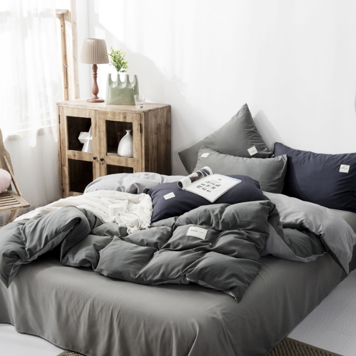 91家纺网 家纺一手货源 找家纺 米粒 2020新款纯色磨毛四件套 深灰+浅灰