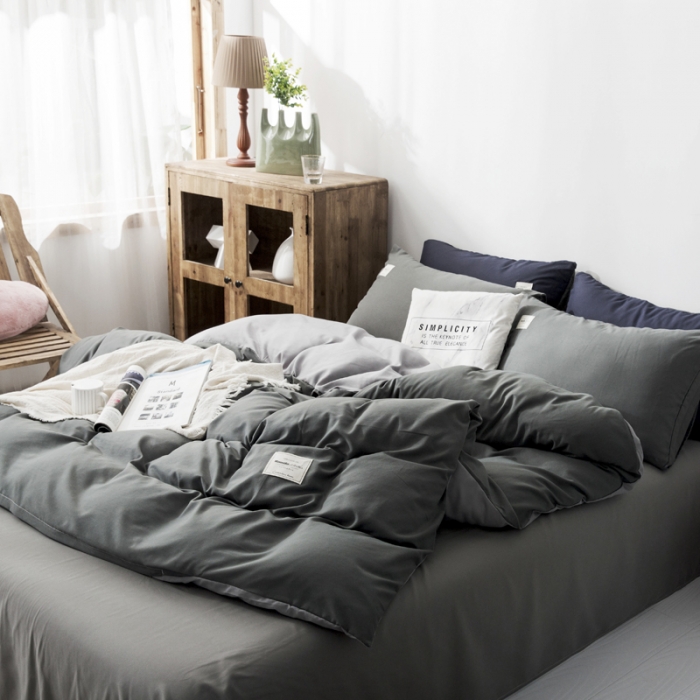 91家纺网 家纺一手货源 找家纺 米粒 2020新款纯色磨毛四件套 深灰+浅灰