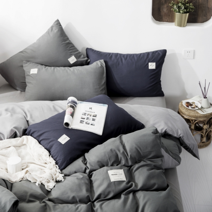 91家纺网 家纺一手货源 找家纺 米粒 2020新款纯色磨毛四件套 深灰+浅灰