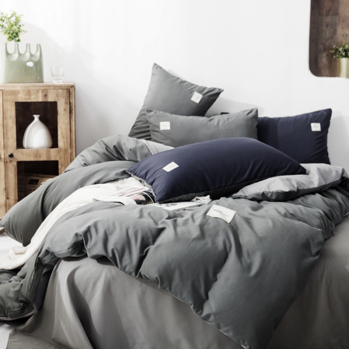 91家纺网 家纺一手货源 找家纺 米粒 2020新款纯色磨毛四件套 深灰+浅灰