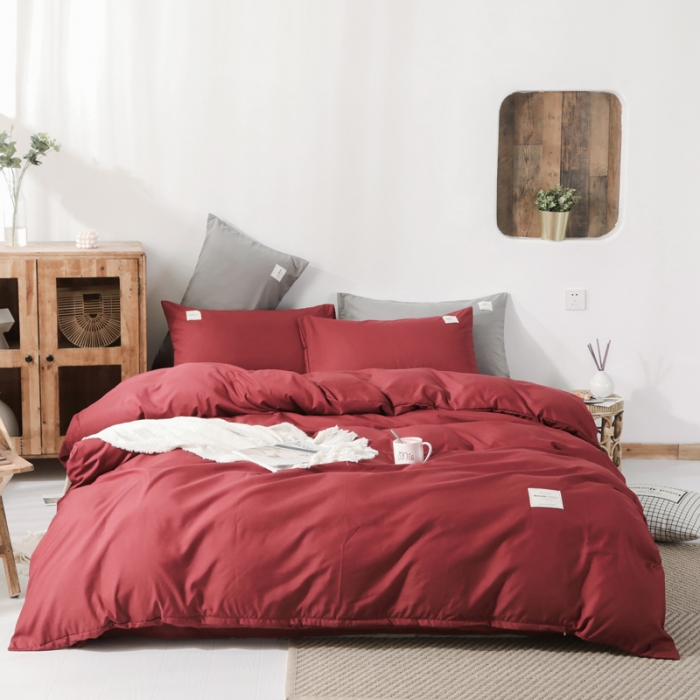 91家纺网 家纺一手货源 找家纺 米粒 2020新款纯色磨毛四件套 枣红