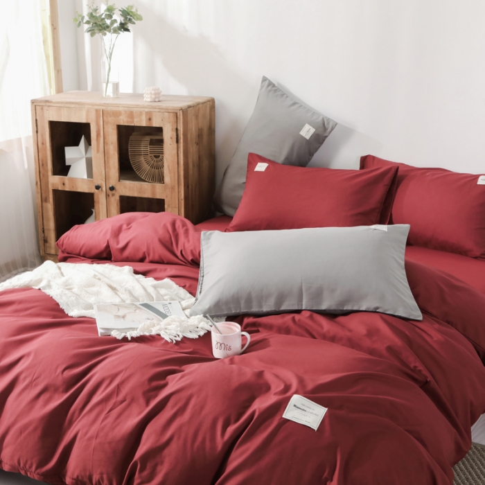 91家纺网 家纺一手货源 找家纺 米粒 2020新款纯色磨毛四件套 枣红