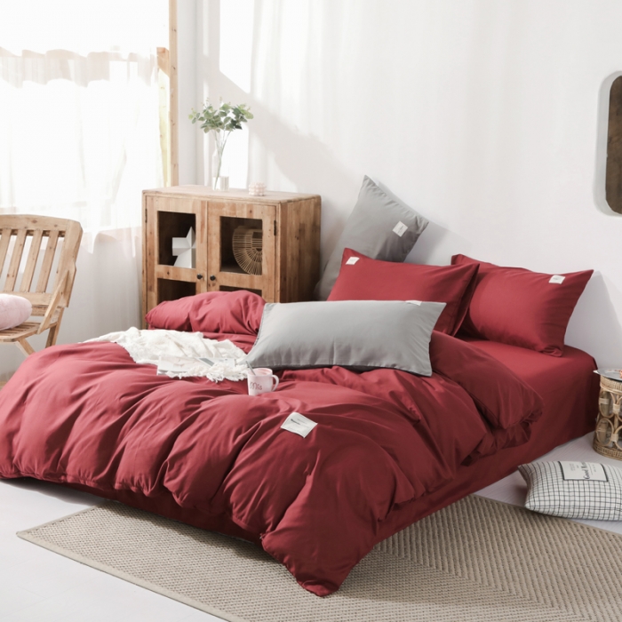 91家纺网 家纺一手货源 找家纺 米粒 2020新款纯色磨毛四件套 枣红