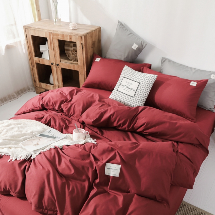 91家纺网 家纺一手货源 找家纺 米粒 2020新款纯色磨毛四件套 枣红