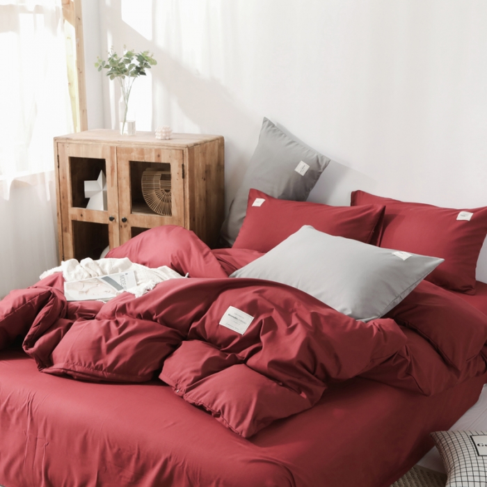 91家纺网 家纺一手货源 找家纺 米粒 2020新款纯色磨毛四件套 枣红