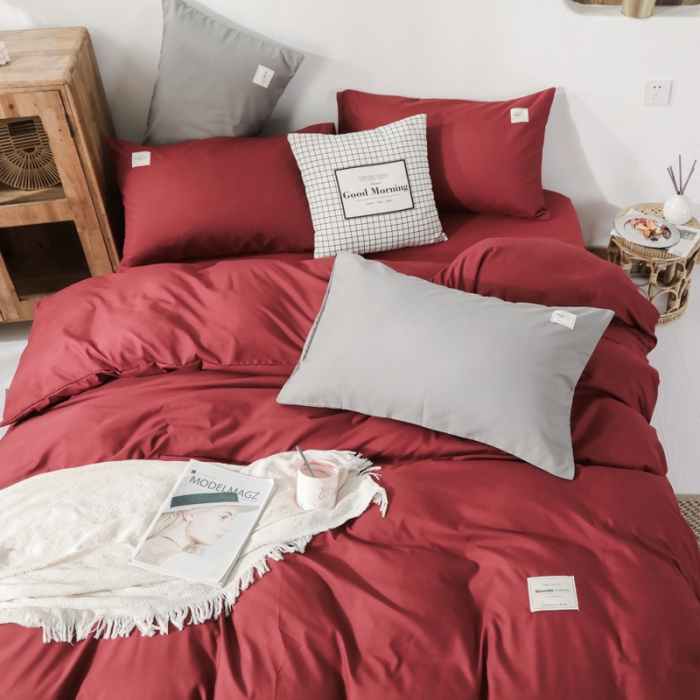 91家纺网 家纺一手货源 找家纺 米粒 2020新款纯色磨毛四件套 枣红