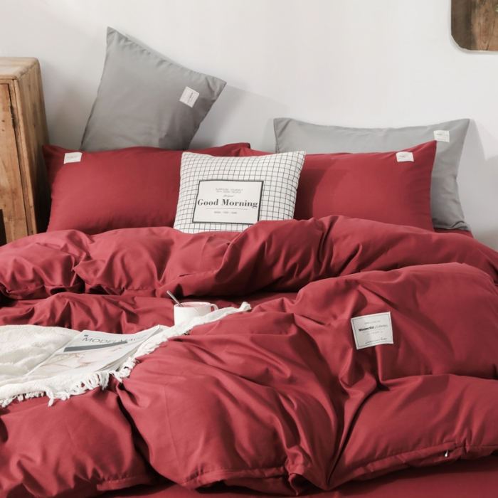 91家纺网 家纺一手货源 找家纺 米粒 2020新款纯色磨毛四件套 枣红