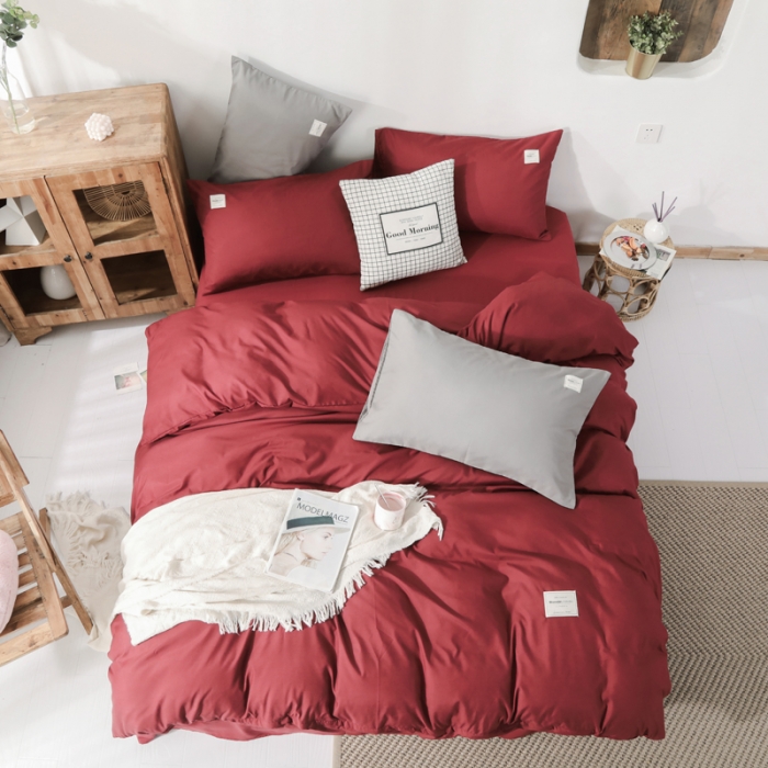 91家纺网 家纺一手货源 找家纺 米粒 2020新款纯色磨毛四件套 枣红