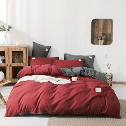 米粒 2020新款纯色磨毛四件套 枣红+深灰