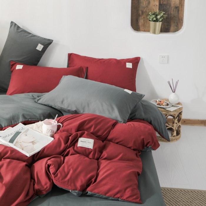 91家纺网 家纺一手货源 找家纺 米粒 2020新款纯色磨毛四件套 枣红+深灰