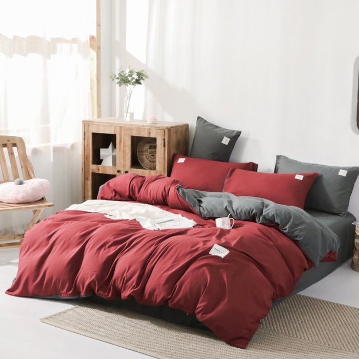 91家纺网 家纺一手货源 找家纺 米粒 2020新款纯色磨毛四件套 枣红+深灰