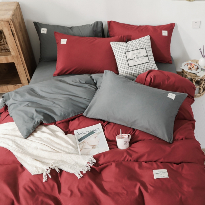 91家纺网 家纺一手货源 找家纺 米粒 2020新款纯色磨毛四件套 枣红+深灰