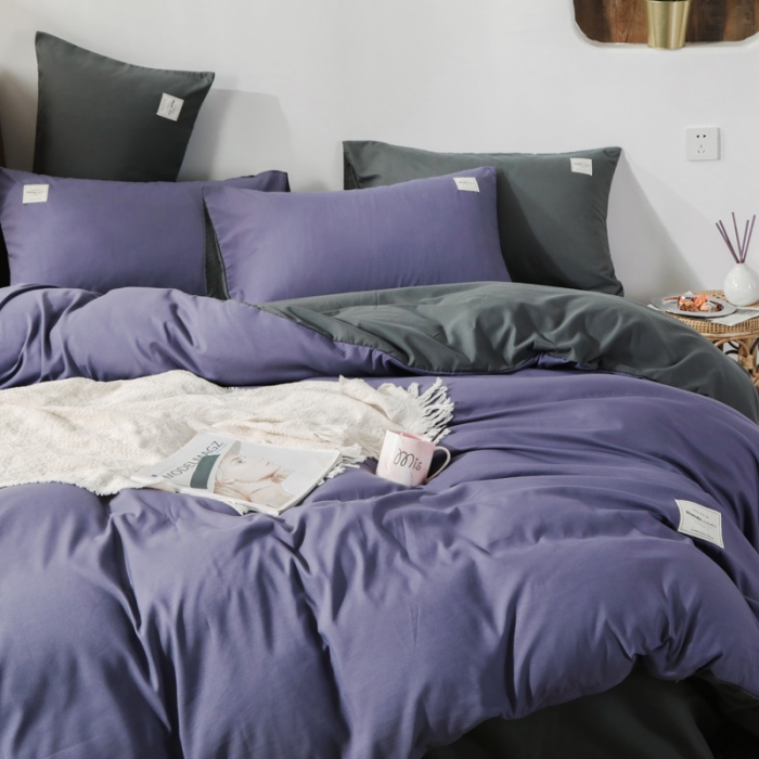 91家纺网 家纺一手货源 找家纺 米粒 2020新款纯色磨毛四件套 紫+深灰