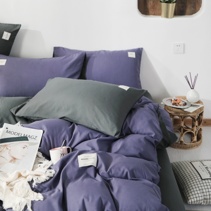 91家纺网 家纺一手货源 找家纺 米粒 2020新款纯色磨毛四件套 紫+深灰