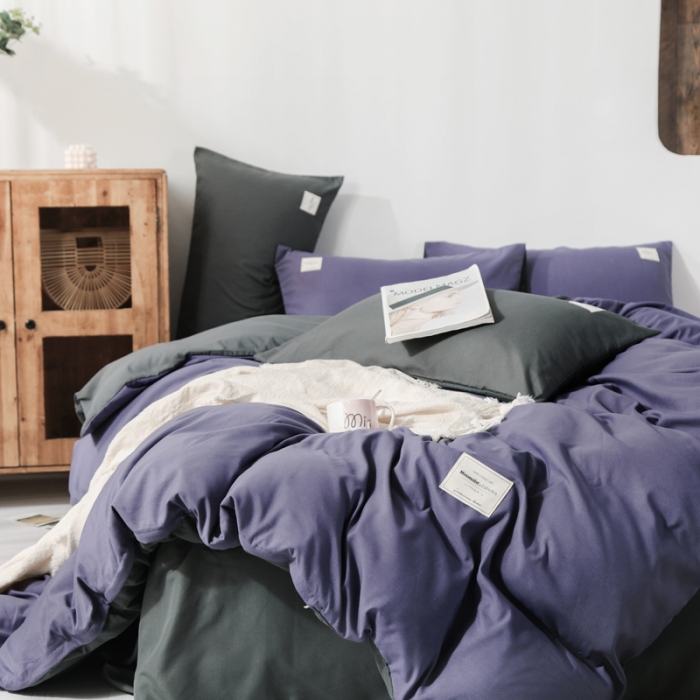 91家纺网 家纺一手货源 找家纺 米粒 2020新款纯色磨毛四件套 紫+深灰