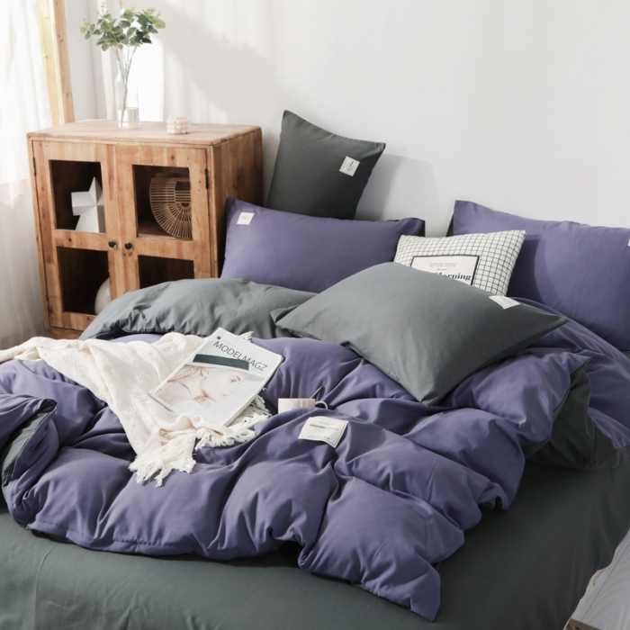 91家纺网 家纺一手货源 找家纺 米粒 2020新款纯色磨毛四件套 紫+深灰