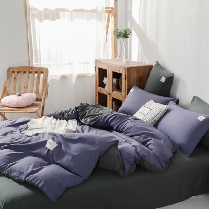 91家纺网 家纺一手货源 找家纺 米粒 2020新款纯色磨毛四件套 紫+深灰