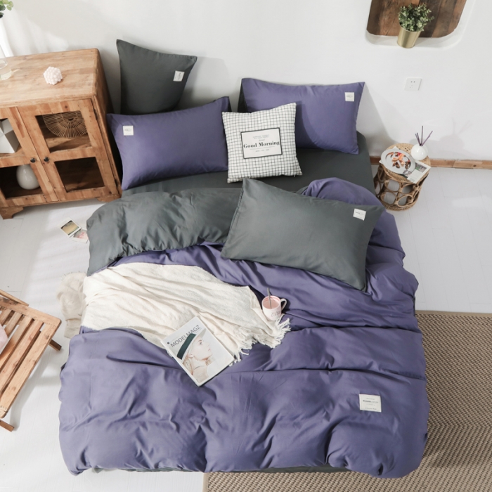 91家纺网 家纺一手货源 找家纺 米粒 2020新款纯色磨毛四件套 紫+深灰