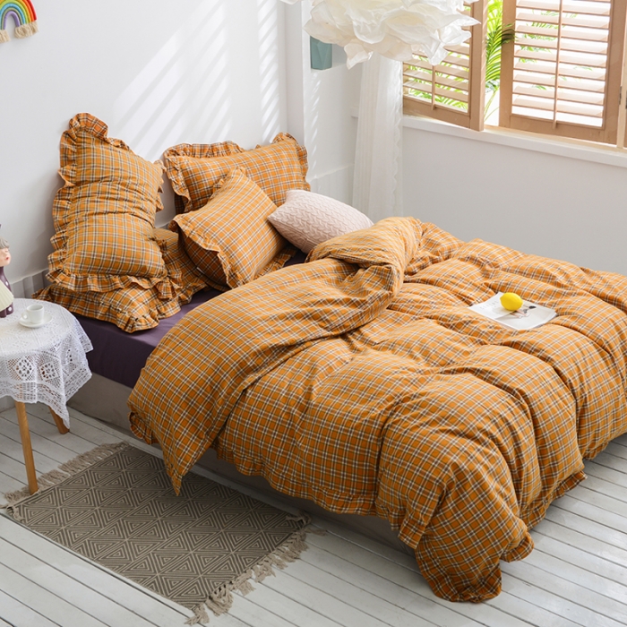 91家纺网 家纺一手货源 找家纺 （总）久典家居 2020新款色织水洗棉四件套花边款水果格系列