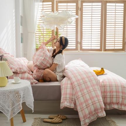 久典家居 2020新款色织水洗棉四件套花边款水果格系列草莓格