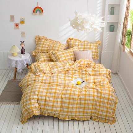 91家纺网 家纺一手货源 找家纺 久典家居 2020新款色织水洗棉花边款水果格系列四件套芒果格