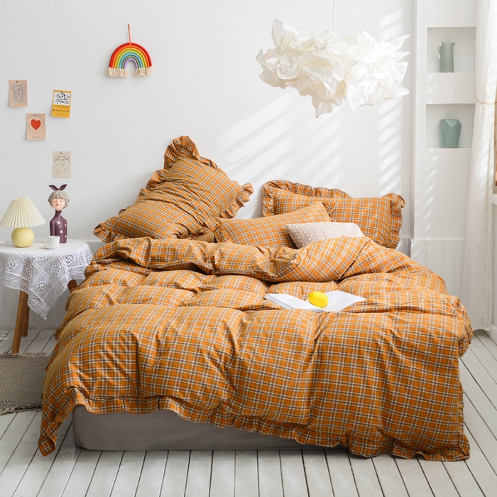 91家纺网 家纺一手货源 找家纺 久典家居 2020新款色织水洗棉四件套花边款水果格系列南瓜格