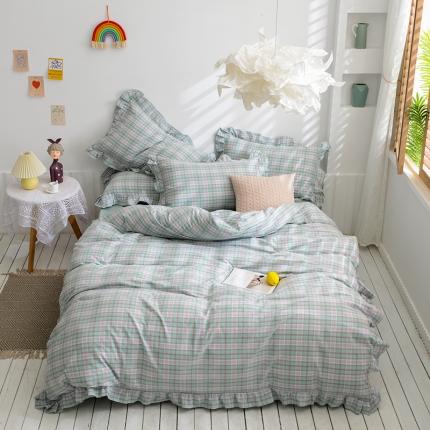 91家纺网 家纺一手货源 找家纺 久典家居 2020新款色织水洗棉四件套花边款水果格系列青柠格