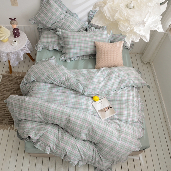 91家纺网 家纺一手货源 找家纺 久典家居 2020新款色织水洗棉四件套花边款水果格系列青柠格