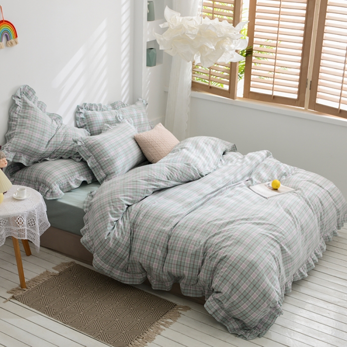 91家纺网 家纺一手货源 找家纺 久典家居 2020新款色织水洗棉四件套花边款水果格系列青柠格