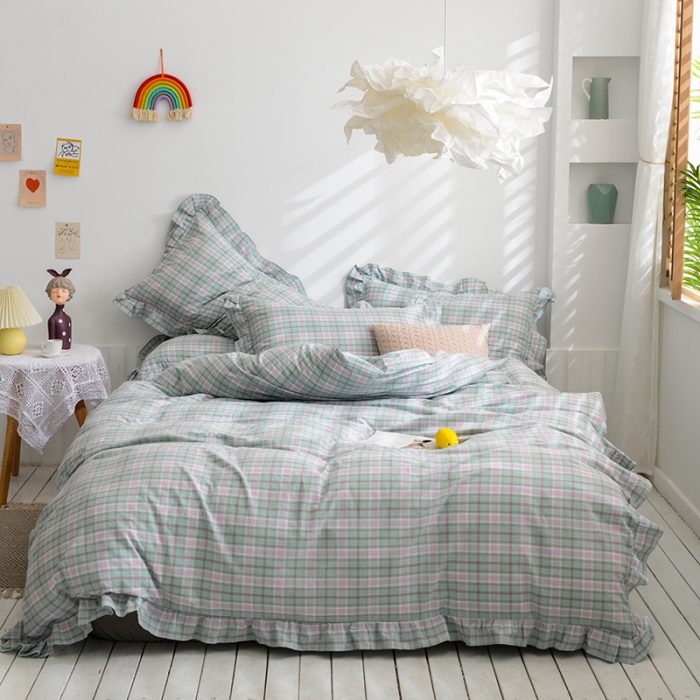 91家纺网 家纺一手货源 找家纺 久典家居 2020新款色织水洗棉四件套花边款水果格系列青柠格