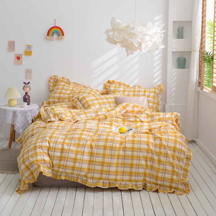 91家纺网 家纺一手货源 找家纺 久典家居 2020新款色织水洗棉花边款水果格系列四件套芒果格