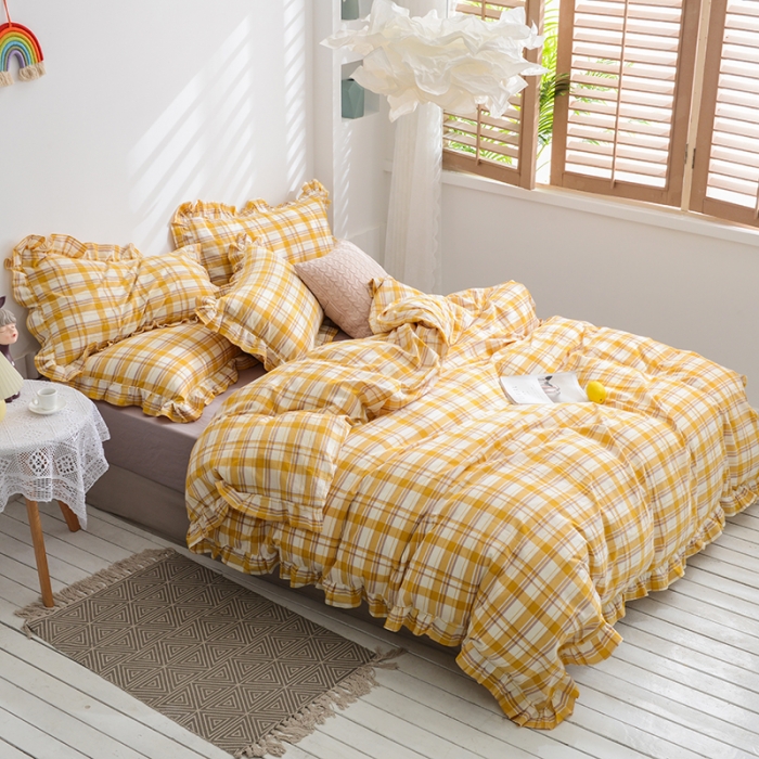 91家纺网 家纺一手货源 找家纺 久典家居 2020新款色织水洗棉花边款水果格系列四件套芒果格