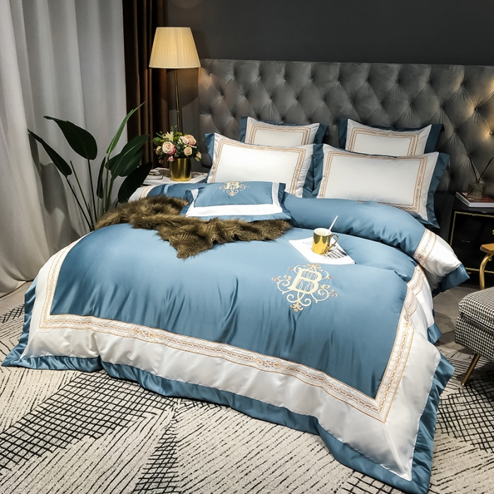 91家纺网 家纺一手货源 找家纺 安妮家居 2020新款TB大牌风贡缎全棉四件套影棚图 宾利蓝