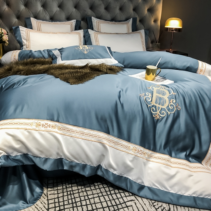 91家纺网 家纺一手货源 找家纺 安妮家居 2020新款TB大牌风贡缎全棉四件套影棚图 宾利蓝