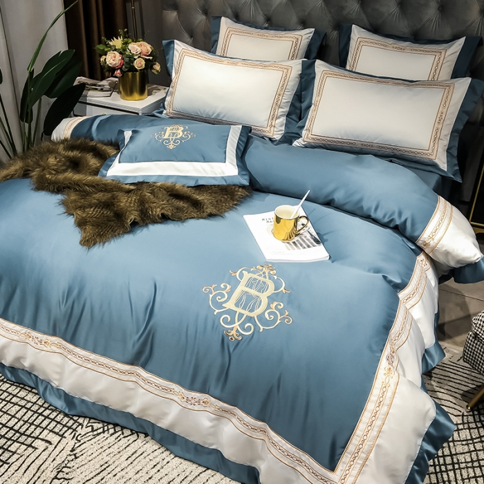 91家纺网 家纺一手货源 找家纺 安妮家居 2020新款TB大牌风贡缎全棉四件套影棚图 宾利蓝